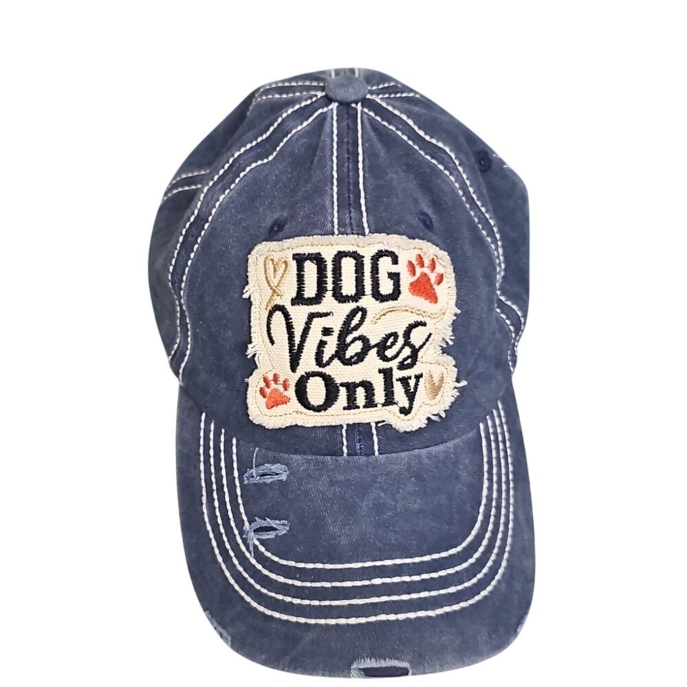 Distressed Navy Blue 'Dog Vibes Only' Baseball Cap‎ with Paw Print Detail